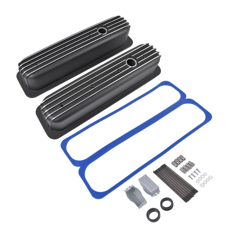 Woosphy Black Finned Aluminum Tall Valve Covers 3-11/16" with Center