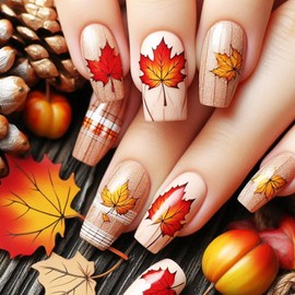 Maple Leaf Gel Glue on Acrylic Fake Nails 24Pcs Fall Leaves Press on Nails Thanksgiving Press ons Fingernails Autumn Stick on Nail Glossy Brown Grid Medium Square False Nail for Holiday Gift