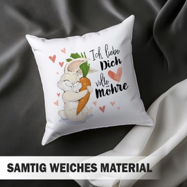 Rabbit Cushion - Ich Liebe Dich volle Karrot - Love Cushion with Saying - Gift for Boyfriend, Girlfriend for Anniversary, Birthday, Valentine's Day for Men and Women