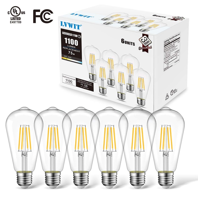 LVWIT 6 Pack Vintage LED Edison Bulbs 75W Equivalent 11W