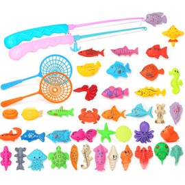 Fishing Game for Kids, Hook a Duck Game for Outdoors, 54 Pcs Fishing Toy Set with 2 Rods and 2 Nets, Plastic Fish Toys for Bath Time, Pool Parties and Educational Play