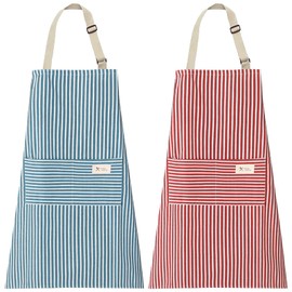 2 Packs Adjustable Apron Bib, Kitchen Cooking Aprons with Big Pocket for Women Men, Chef, Kitchen, Home, Restaurant, Cafe, Cooking, Baking (Streak/Blue & Red)