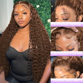 ABSFWIW 30 Inch Chocolate Brown Lace Front Wig Human Hair 13x6 Deep Wave Lace Front Wigs Human Hair 180 Density HD Colored Deep Curly Lace Frontal Wigs for Woman Pre Plucked with Baby Hair