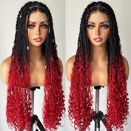 FABÉLLE Knotless Box Braided Wigs with Boho Curls Full Lace Braid Wigs Ombre Red Boho Braided Wig for Women Bohemian Braided Lace Front Wigs T/RED 30 Inch