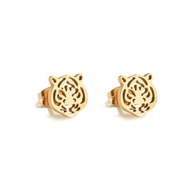 Simple Tiger Head Stud Earrings Stainless Steel for Women Hollow Animal Cartilage Pierced Hypoallergenic Studs Earring Cute Jewelry Gifts (Gold)