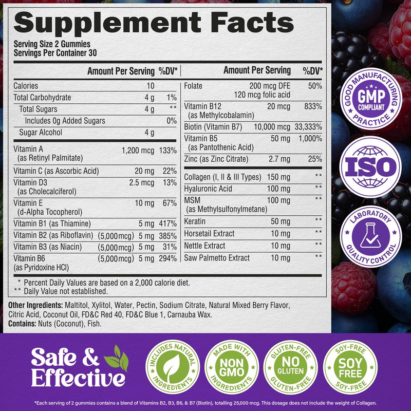 Biotin Gummies with Collagen - Hair Growth Support Skin, &