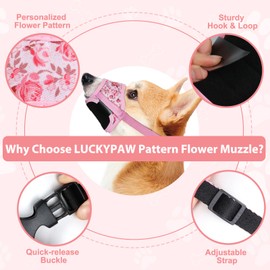 LUCKYPAW Dog Muzzle Soft Muzzle for Small Medium Large Sized Dogs Breathable Mouth Guard to Prevent Biting Chewing Pattern Mouth Cover with Adjustable Strap(L-Snout(7¾-9"), Pink Rose)
