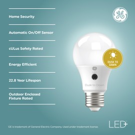 GE LED+ A19 Dusk to Dawn LED Light Bulbs, Automatic On/Off Outdoor Security Light, Soft White (2 Pack)