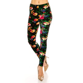 ALWAYS Women Floral Velvet Leggings - Premium Soft Stretch Warm Winter Printed Patterned Pants 137 Black Purple One Size
