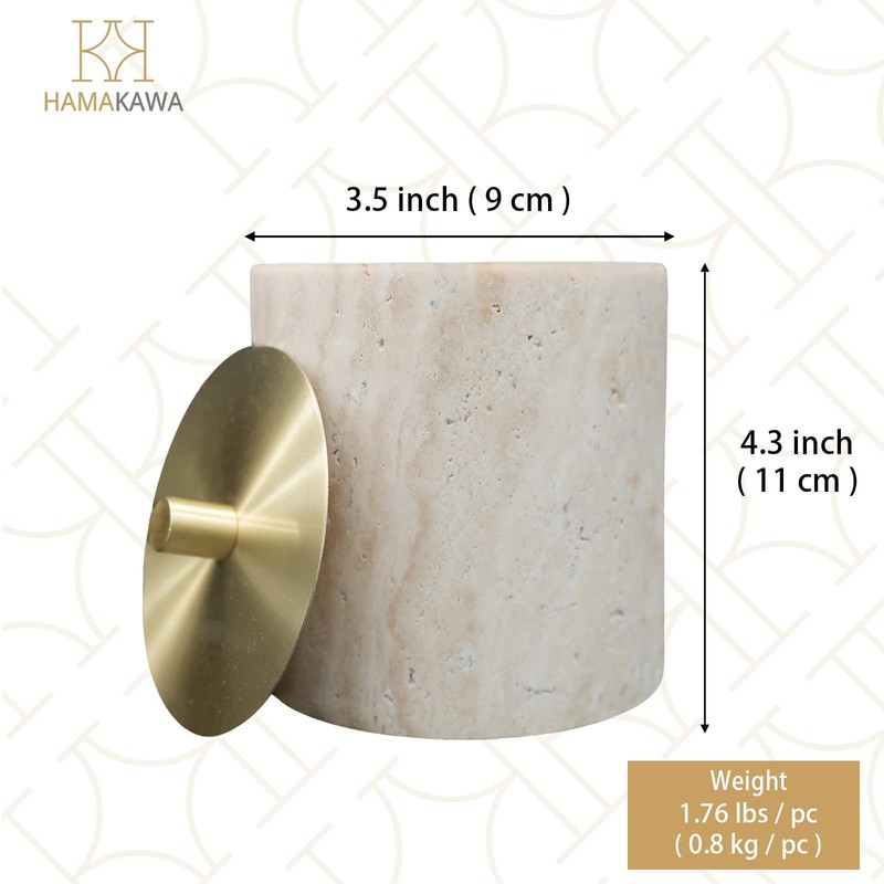 HAMAKAWA Nartural Marble Qtip Holder with Brass Lid, Beige Travertine