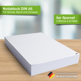 Notepad A5 Squared I Economy Set 5 Pads DIN A5 I 50 Sheets per Pad I Tear Off I 80 g/m² Paper White I Writing Pad, Calculation Pad, Notes