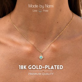 Made by Nami Halskette Damen Gold mit Kompass Anhänger und türkisem Stein aus Chirurgischem Edelstahl 40 + 5 cm Geschenke für Frauen Hypoallergen Wasserfester Schmuck Damen