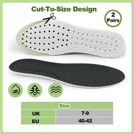 Memory foam insoles for men and women, 2 pairs of super soft insoles, memory foam, breathable replacement sports insoles for trainers (EU 40-42, black + grey)