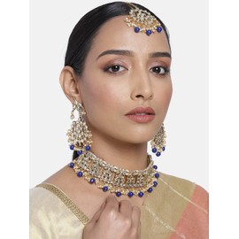 Aheli elegante indio falso Kundan collar de gargantilla tachonado con Maang Tikka Set Ethnic Wedding Wear Fashion Jewelry para mujeres (azul)