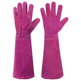HANDLANDY Ladies Leather Gardening Gloves, Thorn Proof Long Gauntlet Garden Glove, Elbow Length Rose Pruning Gloves (Medium, Rosy)