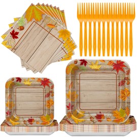 100 Pcs Fall Thanksgiving Disposable Tableware Set for 25 Guests, Square Paper Dinner Plates, Dessert Plates, Napkins, Forks, Autumn Leaves Party Tableware for Autumn Thanksgiving Party Supplies Favor