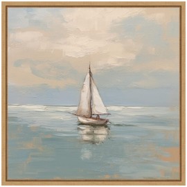 Kate and Laurel Calm Pastel Sailboat Landscape Framed Canvas Wall Art by The Creative Bunch Studio 22 x 22 Sylvie Natural, Coastal, Beach, Landscapes Art for Wall Decor, Living Room, Bedroom