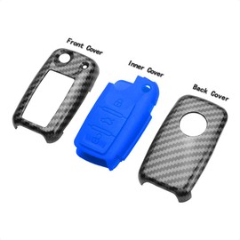 TANGSEN - Funda con tapa para llave para Compatible con Volkswagen VW BEETLE CC EOS JETTA GOLF GTI JETTA Passat PHAETON R32 RABBIT TIGUAN TOUAREG 3 4 botones, entrada remota sin llave, diseño de fibra de carbono, cubierta de silicona ABS azul