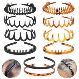 WOVOWOVO 10 Plastic Hair Bands with Teeth, Zig Zag Headbands for Women Men Girls Teens Thin Black Hairbands Non Slip Brown Comb Head Bands Hair Accessories