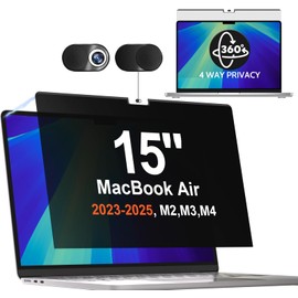 360° Magnetic Privacy Screen for Macbook Air 15 Inch (2023-2025, M2, M3, M4)), Removable Anti Glare Blue Light Filter, 4 Way Anti Spy Black Protector for Mac Air 15In Laptop Computer