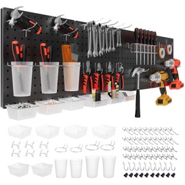 FZK Peg Board, 74PCS Metal Pegboard Wall Organizer Kit. Heavy Duty Pegboard, Peg Boards, Pegboard for Walls, Black Pegboard for Garage Craft Room Workbench Office Kitchen Tool Organization, 24 * 24