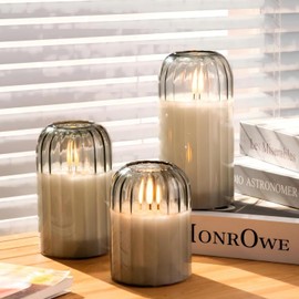 luzzup Glass Ribbed Flameless Candles - Battery Candles with Remote Timer, Green Glass LED Candles with Pumpkin Shape, Warm Light, Lasting 350 Hrs and Brightness Adjustment, Φ 3" H 4" 6", Set of 3