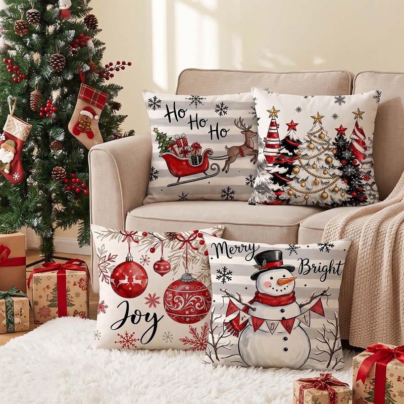 4 Pack Christmas Cushion Covers, Holiday Christmas Decorations For Home