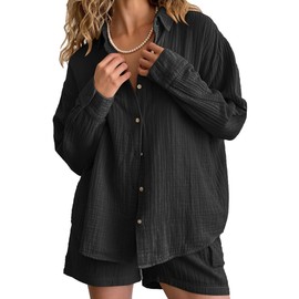 Famulily 100% Cotton Two-Piece Women's Muslin Pyjamas Elegant Leisure Suit Loungewear Leisure Suit Long Sleeve Oversized Blouse and Shorts with Pockets, black