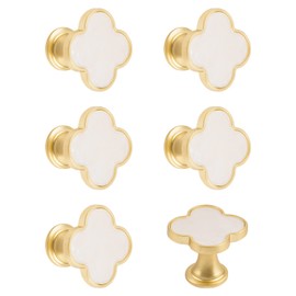 MOROBOR 6PCS Four-Leaf Clover Handle, Creative Cabinet Drawer Pulls Multifunctional Single Hole Zinc Alloy Knobs for Dresser Wardrobe Door Furniture Accessories/Gold Base with White Surface