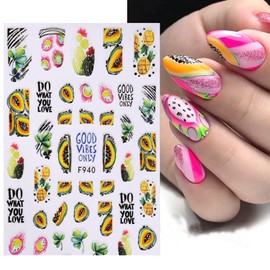 Fruits Nail Art Stickers 3D Self-Adhesive Nail Decals, Cherry Lemon Peach Strawberry Nail Sticker Decoration, Laser Glitter Nail Design for Women Girls Manicure Tips Nails Decal (8 Sheets)