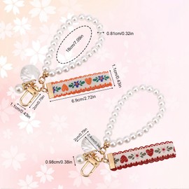 2pcs Cute Women's Imitation Pearl Keychain, 2 Styles Strawberry Lace Ribbon Charm Lace Ribbon Car Pearl Key Ring Heart Strawberry Keychain for Women