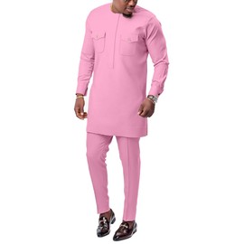 ATLYCOLOR Men African Outfits 2 Piece Set Shirt Pants Nigerian Dashiki Suit Attire Clothing TR53 Pink X-Large