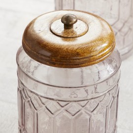 Deco 79 Glass Living Room Decorative Jars Decorative Container with Wood Lids, Set of 3 Jar with Lid 8", 9", 11"H, Clear