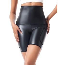 FEOYA PU Leather Shorts Women High Waist Faux Leather Shorts Slim Super Elastic Push Up PU Short Pants Leather Booty Shorts Shapewear Bottoms Hot Pants with Pockets