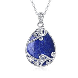YAFEINI 925 Sterling Silver Lapis Lazuli Necklace Filigree Teardrop Pendant Necklace Jewellery for Women Girls (P-Lapis Lazuli)