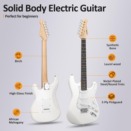 AODSK Electric Guitar with Amp Beginner Kit 39 Inch Solid Body Full Size,All Accessories,Digital Tuner,Six Strings,Four Picks,Tremolo Bar,Strap,Gig Bag,Starter kit (White-SSS)