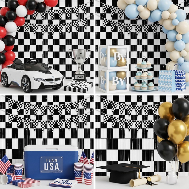 4 Pack Black White Checkered Party Decoration Set, 2 Pack