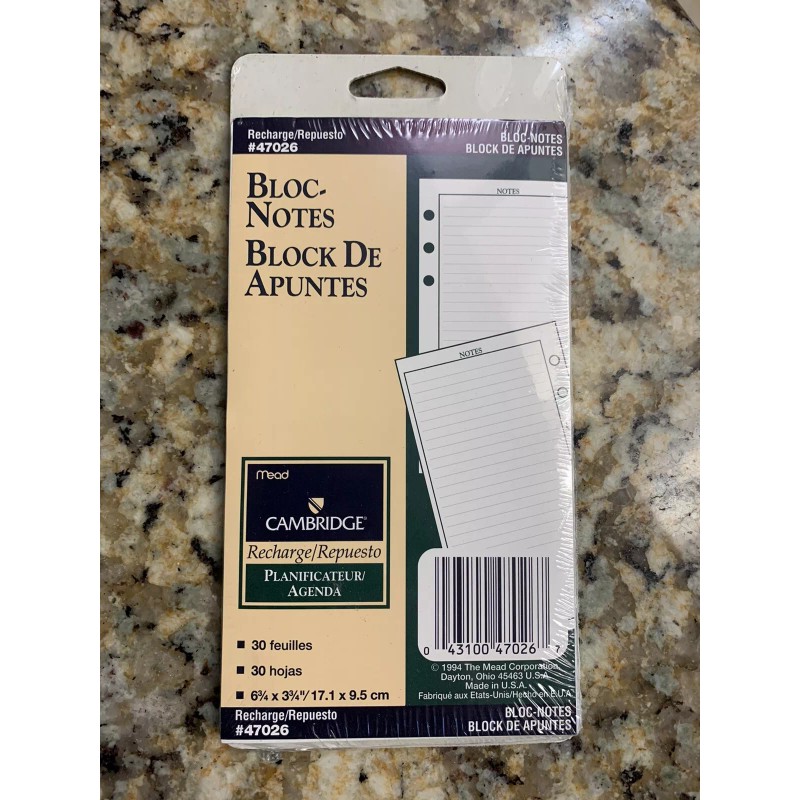 Mead Planner 47026 Refill Undated Block Notes 30 Sheets Franklin