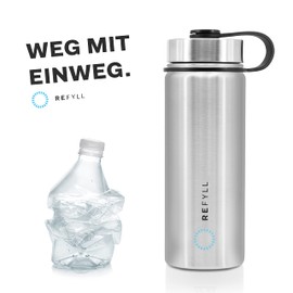 REFYLL easy-FYLL Stainless Steel Water Bottle, 500 ml or 1000 ml, Premium Insulated Bottle for Hiking, Fitness, Biking, School and the Office, Water Bottle with Sports Lid, silver