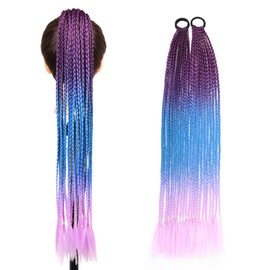 Straight Ponytail Extension Pony Tails Hair Extensions Purple Rave Hair Extensions Ponytail Braids 24 Inch 2 Bundles(Purple/Blue/Light Purple)