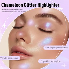 Wugbc Purple Blue Highlighter Makeup Face Glitter Eyeshadow, Holographic Glowing Chameleon DuoChrome Mermaid Highlighter Illuminator Color Shift Shimmer Eyes Brightener Long Lasting Sparkling Palette