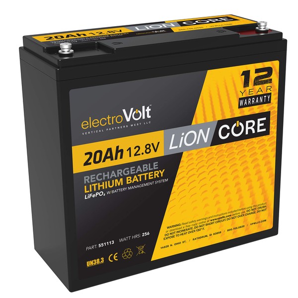 LiONCore 12V electroVOLT Rechargeable Lithium-Ion Battery - LiFePO4 Technology - Robust Deep Cycle Storage Battery - Integrated BMS (20 AH)