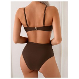 MakeMeChic Women's High Waisted Bikini Sets Metal Shell Swimsuit Bathing Suit Swimwear Brown Large