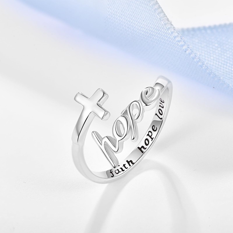 Hope Ring,Hope Cross Rings,S925 Sterling Silver Adjustable Faith Hope Love
