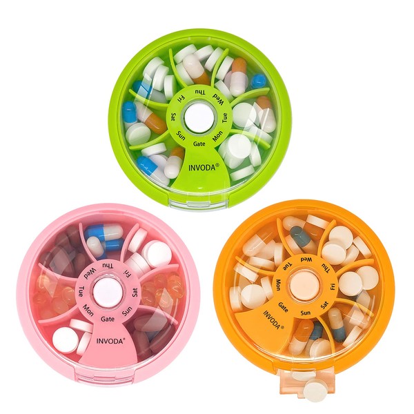 Pill Box 7 Day Travel Medicine Organizer Portable Pill Container Rotating Weekly Pill Organizer Round Cute Pill Case Fish Oil Vitamins Holder (Pink+Orange+Green)