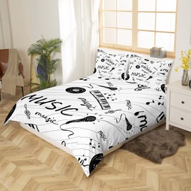 Homemissing Music Theme Bedding 140 x 200 cm Black and White Music Note Duvet Cover Musical Notes Duvet Cover Teen Retro Music Microphone Vinyl Records Room Decor