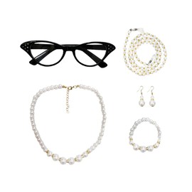 Old Lady Costume Accessories for Women Girl 100th Day of School Costume Accessories with Glasses Eyeglasses Chain Pearl Necklace Bracelet Earring Black