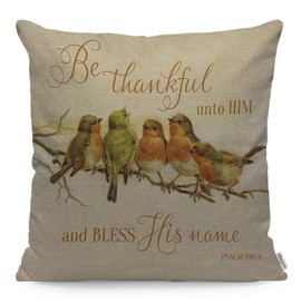 WONDERTIFY Be Thankful Unto Him Cushion Cover Bless His Name Five Birds Green Scripture Decorative Throw Pillow Covers For Couch, Bed Sofa Pillows Case Orange 45X45 Cm