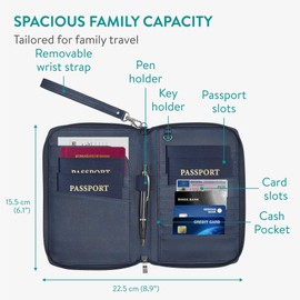 Navaris Family Passport Holder - Large Capacity Travel Wallet with RFID Protection - Premium Imitation Leather Document Organiser for Holiday Travellers - Navy
