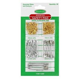 Sullivans Safety Pins 90 Pack, Assorted Sizes and Colours